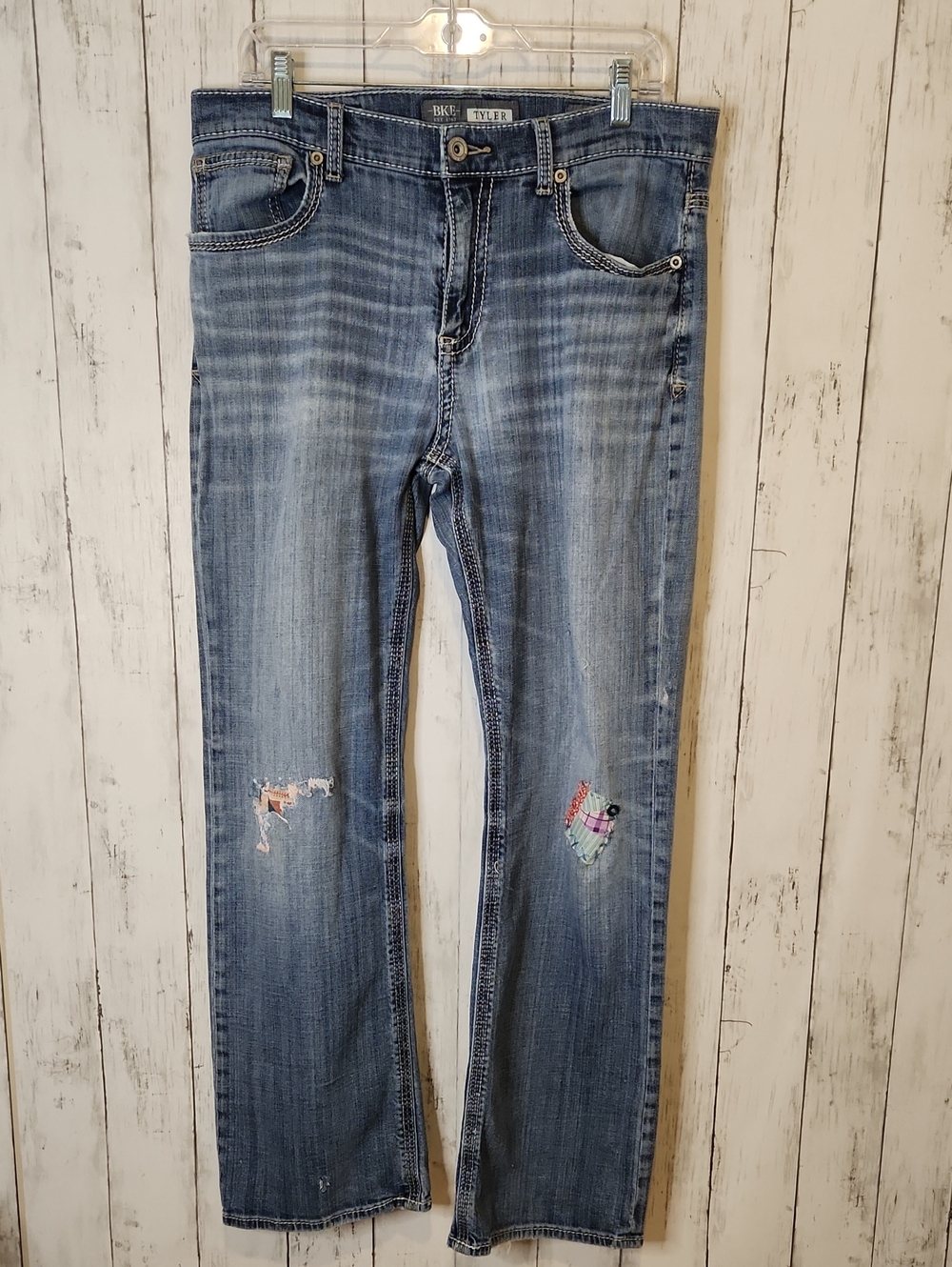 Upcycled BKE Tyler Bootcut Jeans | Size 33R | Patchwork Boho Denim | Buckle